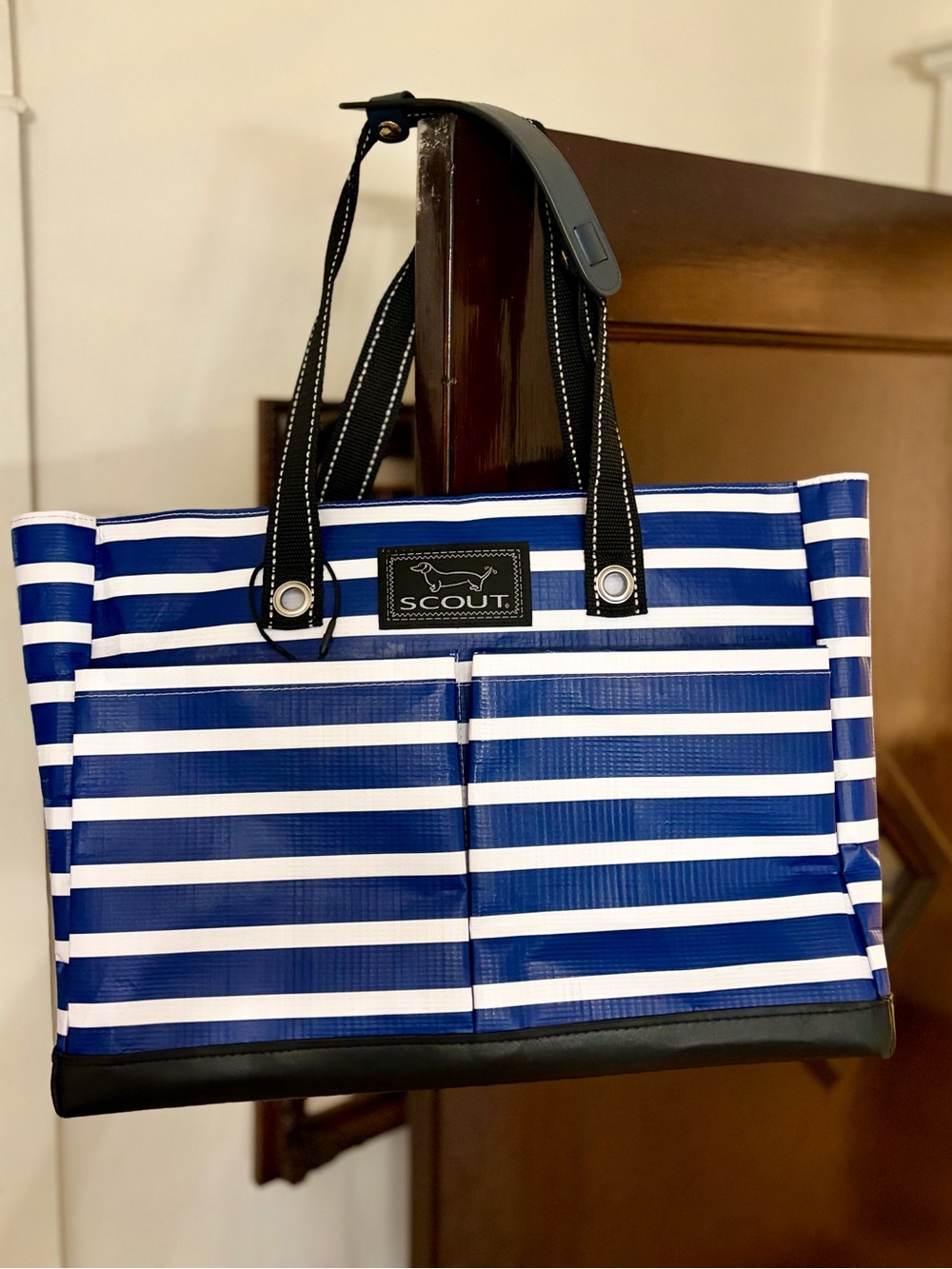 SCOUT Blue and White Striped Tote with Black Handles new